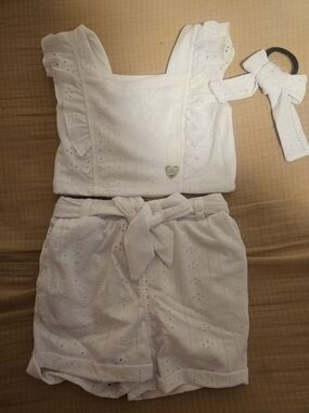 Paris Hilton Girls White Eyelet Crop Top & Shorts Set with Bow